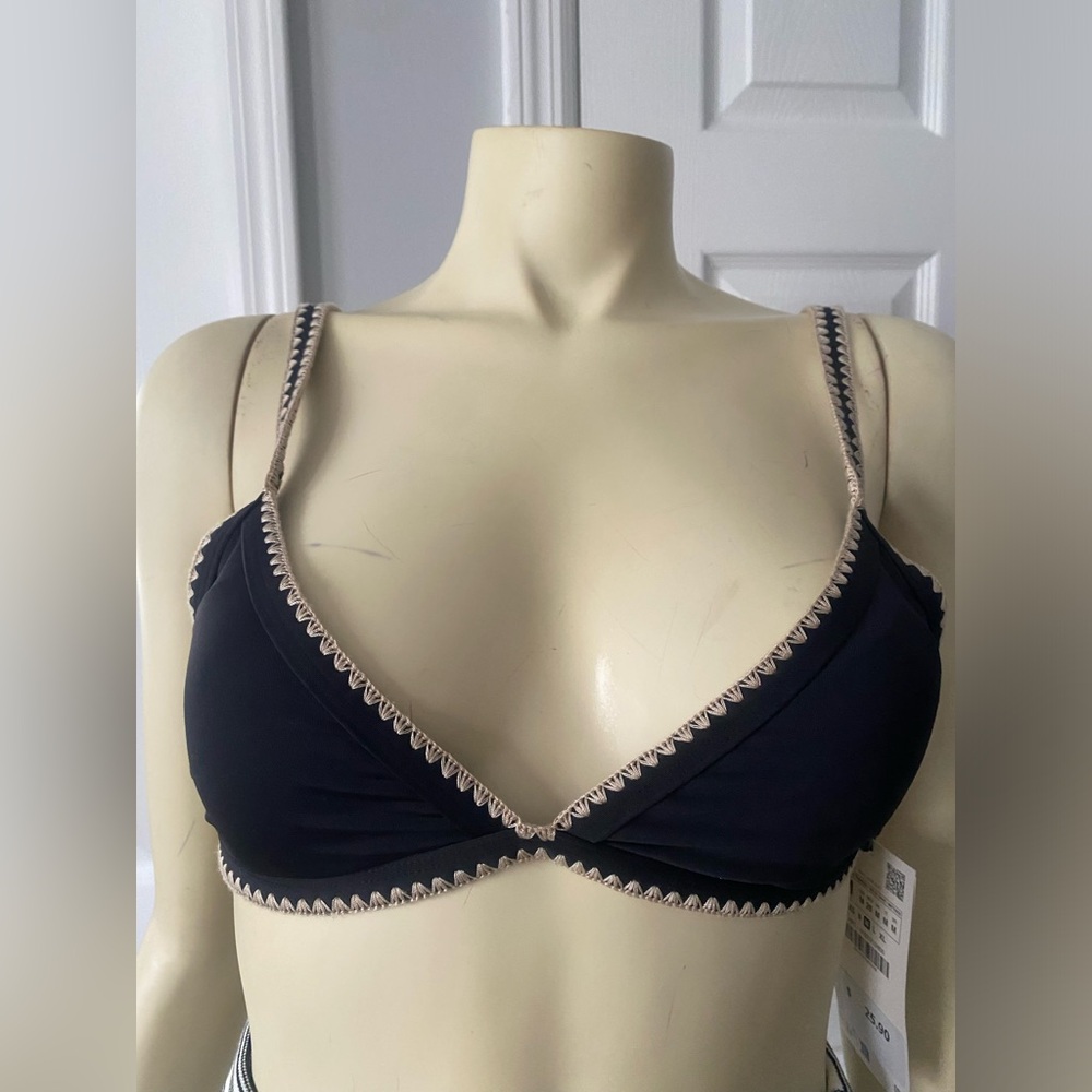 Black Bikini Top with Tan Trim/ Size Medium